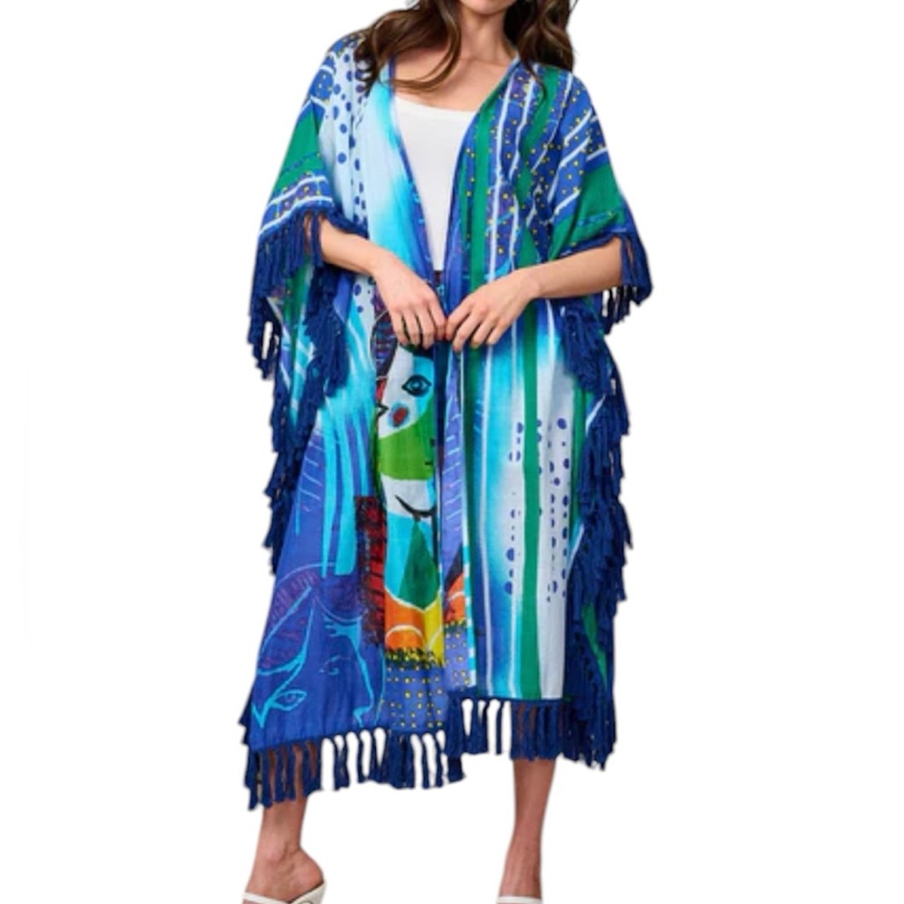 Vatchio 🆕 Rare Find Cotton Wearable Art Sequined Beaded Tassels Kimono Cover Up
